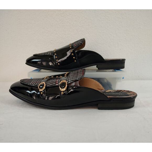 Mens, Black Patent Leather, Plaid, Monk Strap Backless Loafers Mules, Size12 EUC - Picture 4 of 11